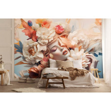 Eine Fototapete einer eleganten Frau mit pastellfarbenen Blumen im Kunststil im Schlafzimmer.