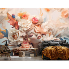Eine Fototapete einer eleganten Frau mit pastellfarbenen Blumen im Kunststil auf Vliestapete im Schlafzimmer.