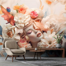 Eine Fototapete einer eleganten Frau mit pastellfarbenen Blumen im Kunststil auf Vliestapete im Wohnzimmer.