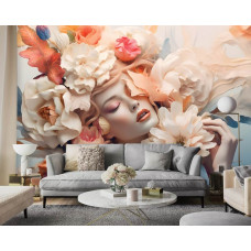 Eine Fototapete einer eleganten Frau mit pastellfarbenen Blumen im Kunststil im Wohnzimmer.