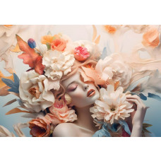 Elegante Frau zwischen pastellfarbenen Blumen, ansprechend dargestellt auf einer künstlerischen Fototapete.