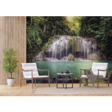 Ein Fototapet von den Erawan-Wasserfällen in Thailand, Kanchanaburi in einem Büro mit Airtex.