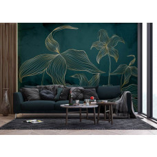 Ein Fototapete mit exotischem Grün und goldenen Akzenten im Wohnzimmer, bei dem tiefe Grüntöne und raffinierte Golddetails eine schicke und botanische Atmosphäre schaffen.