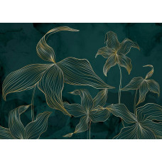 Ein Fototapete mit exotischem Grün und goldenen Akzenten, bei dem üppige tropische Blumen und subtile Goldtöne für eine luxuriöse und natürliche Ausstrahlung zusammenkommen.