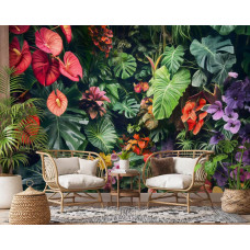 Fototapete in einem Büro mit einer üppigen Mischung aus Dschungelpflanzen, bunten Blumen und Blättern, mit lebendigen Farben, die eine tropische und frische Atmosphäre schaffen.