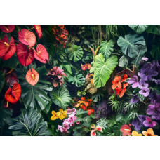 Fototapete von einer üppigen Mischung aus Dschungelpflanzen, bunten Blumen und Blättern, mit lebendigen Farben, die eine tropische und frische Atmosphäre schaffen.