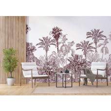 Eine Fototapete mit einem exotischen Dschungel voller Palmen und Pflanzen in Taupe in einem Geschäftsraum.