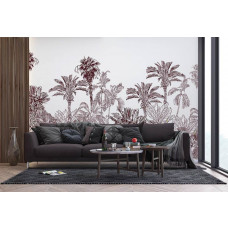 Eine Fototapete mit einem exotischen Dschungel voller Palmen und Pflanzen in Taupe in einem Wohnzimmer.