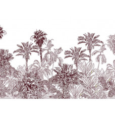 Eine Fototapete mit einem exotischen Dschungel voller Palmen und Pflanzen in Taupe.