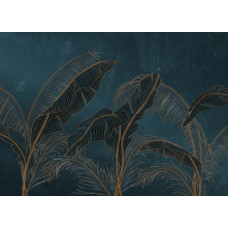 Ein Fototapete mit exotischen Palmblättern in tiefgrün mit goldenen Akzenten, bei dem üppige Blätter und subtile Goldtöne eine luxuriöse und tropische Ausstrahlung verleihen.