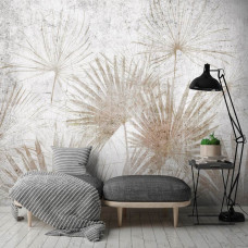 Eine Fototapete mit exotischen Pflanzen auf einem Betonhintergrund, geeignet für ein Wohnzimmer.