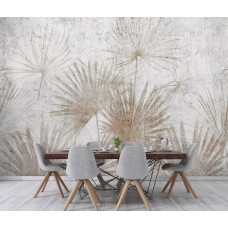 Eine Fototapete mit exotischen Pflanzen und einem Betonlook, ideal für ein Büro.