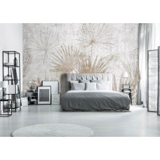 Eine Fototapete mit exotischen Pflanzen auf Beton in einem industriellen Design, geeignet für ein Schlafzimmer.