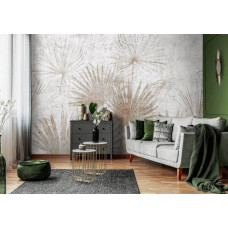 Eine Fototapete mit exotischen Pflanzen auf Beton in einem industriellen Design, ideal für ein Wohnzimmer.