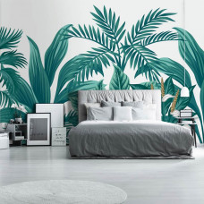 Fototapete mit exotischen Pflanzen und Dschungelthema für ein ruhiges Schlafzimmer.