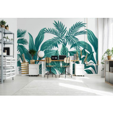 Fototapete mit exotischen Pflanzen und Dschungelthema für ein stimmungsvolles Wohnzimmer.