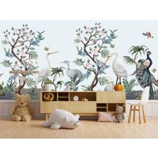 Fototapete exotische Vögel im Chinoiserie-Stil im Kinderzimmer.