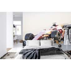 Eine Fototapete mit einem Ferrari Formel 1 Auto in einem Schlafzimmer mit einem energetischen Design.