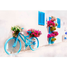 Fototapete Fahrrad in einer griechischen Gasse, die typisch griechische Architektur zeigt.