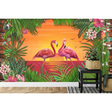 Eine Fototapete mit Flamingos in einer tropischen Landschaft, angezeigt in einem Kinderzimmer.