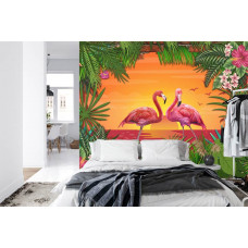 Eine Fototapete mit Flamingos bei Sonnenuntergang vor einer 3D-Ziegelwand und tropischem Meer, angezeigt in einem Schlafzimmer.