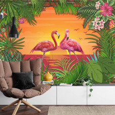 Eine Fototapete mit tropischen Flamingos bei Sonnenuntergang, angezeigt in einem Wohnzimmer.