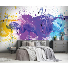 Eine Fototapete mit Flamingos in einem künstlerischen Design für ein Schlafzimmer.