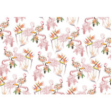 Diese farbenfrohe Fototapete zeigt Flamingos und Tukane inmitten üppiger Blumen, ideal für eine lebendige Umgebung.
