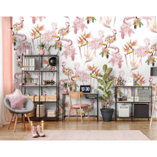 Eine tropische Fototapete mit Flamingos und Tukanen, in einem Schlafzimmer.