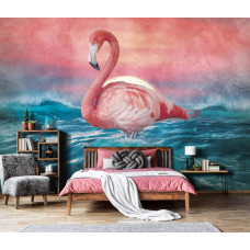 Eine Fototapete mit Flamingos in einem Vliestapetenstil für ein Schlafzimmer.Eine Fototapete mit Flamingos in einem künstlerischen Design für ein Schlafzimmer.