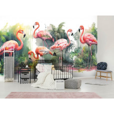 Eine Fototapete mit tropischen Flamingos zwischen üppigen Blättern, speziell für ein Kinderzimmer.