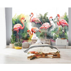 Eine Fototapete mit eleganten Flamingos in einer exotischen Dschungelumgebung, perfekt für ein Schlafzimmer.