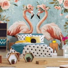 Eine Fototapete mit Flamingos und Rosen in Aquarell, geeignet für ein Kinderzimmer.