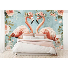 Eine Fototapete mit Flamingos und Rosen in einem künstlerischen Design, ideal für ein Mädchenzimmer.
