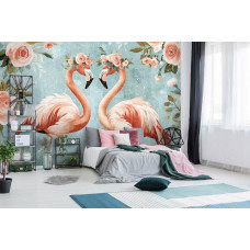 Eine Fototapete mit Flamingos und Rosen in Aquarell, perfekt für ein Schlafzimmer.