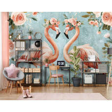 Eine Fototapete mit Flamingos und Rosen in einem künstlerischen Design, geeignet für ein Wohnzimmer.