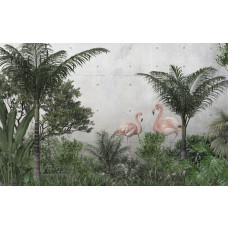 Fototapete mit Flamingos im Dschungel, mit tropischen Pflanzen und Palmen vor einem konkreten Hintergrund.