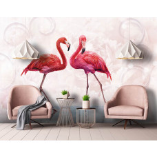 Eine Fototapete mit verspielten Flamingos in einem künstlerischen Design.