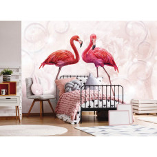 Eine Fototapete mit farbenfrohen Flamingos und einem liebevollen Look, geeignet für ein Kinderzimmer.