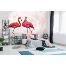 Eine Fototapete mit rosa Flamingos in einem liebevollen und künstlerischen Stil, ideal für das Schlafzimmer.