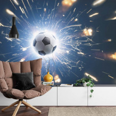 Eine Fototapete, die eine auffällige Bewegung eines Fußballs in einem Wohnzimmer zeigt.