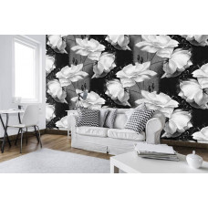 Eine Fototapete mit einem abstrakten Blumenmuster in Schwarz und Weiß, mit eleganten Details.