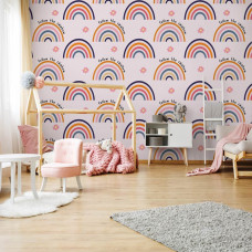 Fototapete mit Regenbögen in Pastelltönen und dem Text 'Follow the Rainbow'. Perfekt für ein Kinderzimmer voller Farbe und Inspiration.