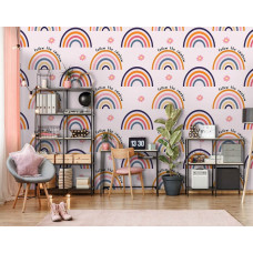 Fototapete mit Regenbögen in Pastelltönen und dem Text 'Follow the Rainbow'. Perfekt für ein Mädchenzimmer.