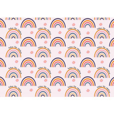 Fototapete mit einem Muster aus Regenbögen in sanften Farbtönen und dem Text 'Follow the Rainbow' darüber.