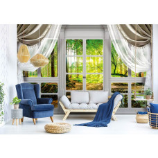 Eine Fototapete mit einem üppigen Wald durch ein Fenster, ideal für das Wohnzimmer.