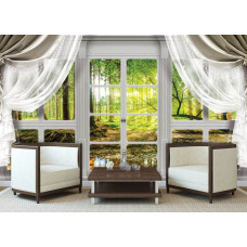 Eine Fototapete mit einer 3D-Ansicht eines Waldes durch ein Fenster, ideal für das Wohnzimmer.