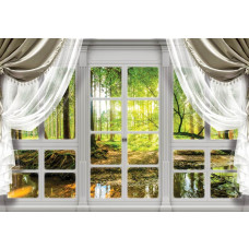 Waldansicht aus einem Fenster, Bäume und Natur detailliert auf 3D-Fototapete.