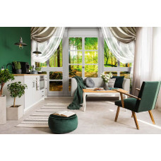 Eine Fototapete mit einer Waldansicht durch ein Fenster, perfekt für eine Küche.