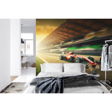 Eine Fototapete eines Formel-1-Autos, das Geschwindigkeit und Sieg ausstrahlt, in einem Schlafzimmer.